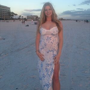 White Maxi Dress with Blue Floral Print